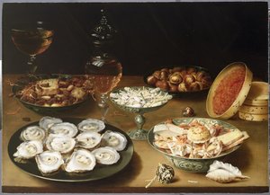 Stilleven met oesters, zoetigheden en geroosterde kastanjes